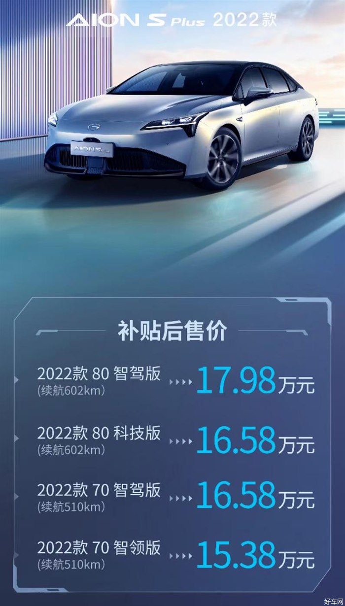 新款广汽埃安AION S Plus上市 售15.38-17.98万元