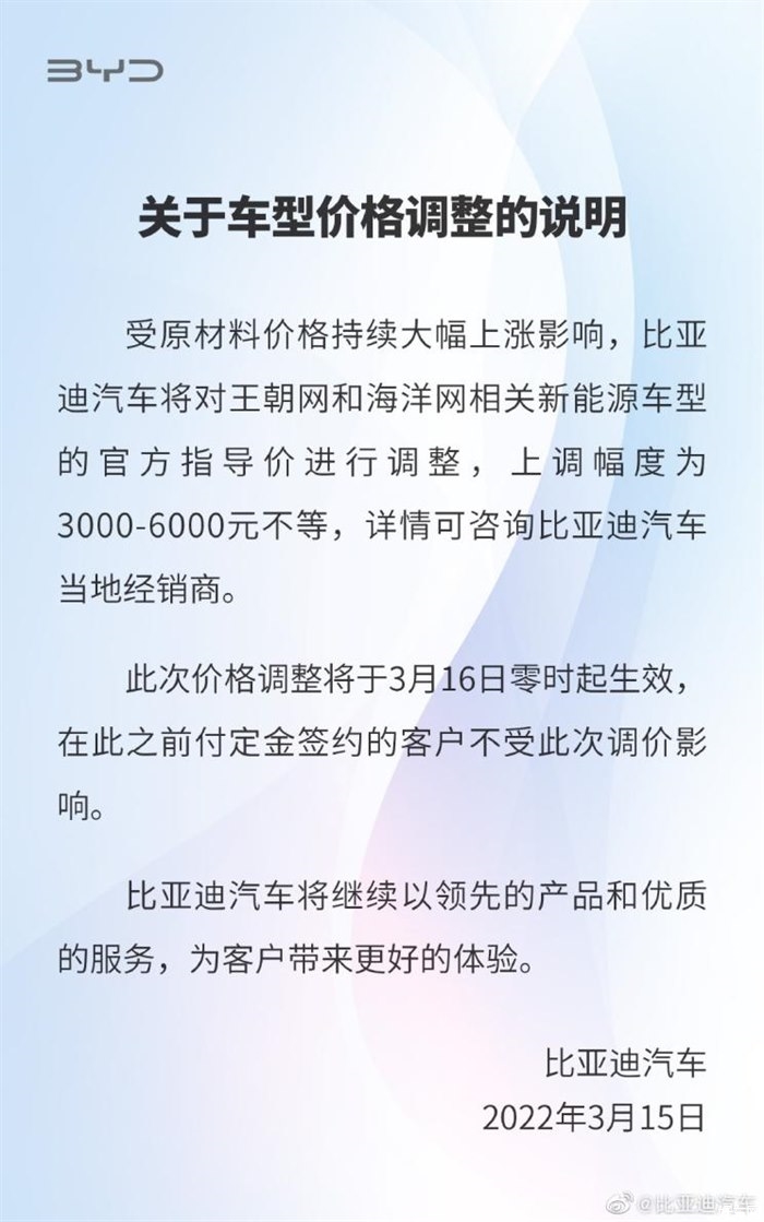 比亚迪车型调价 涨幅3000-6000元不等 